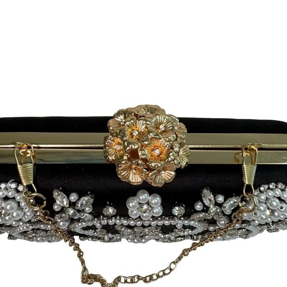 Black Satin Multi Rhinestone and Pearl Accent Clutch Purse Evening Bag - Picture 4 of 9